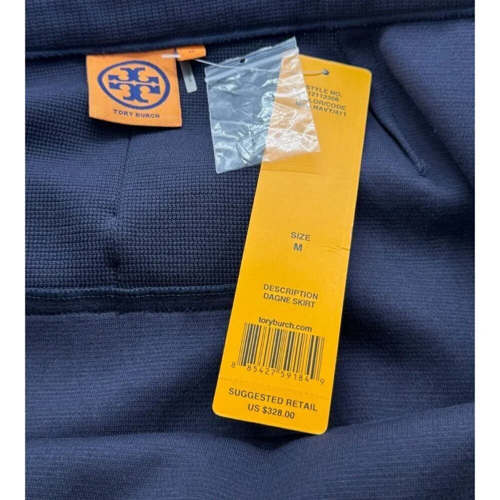 Tory Burch NWT Dagne Skirt Navy Blue Stretch Cotton Knit Midi Bow $328 Size M